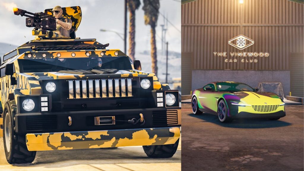 Two GTA Online protagonists manning the HVY Menacer (left); a sports car with The Vinewood Car Club logo in the background.
