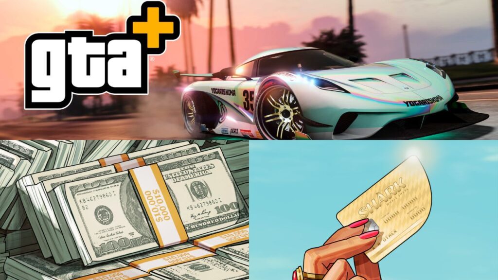 Offizielles April GTA+ Poster, GTA Dollars und Shark Cash Cards.